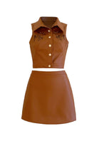 Do Long Old Money short leather skirt set co-ords featuring a stylish leather skirt and matching top.