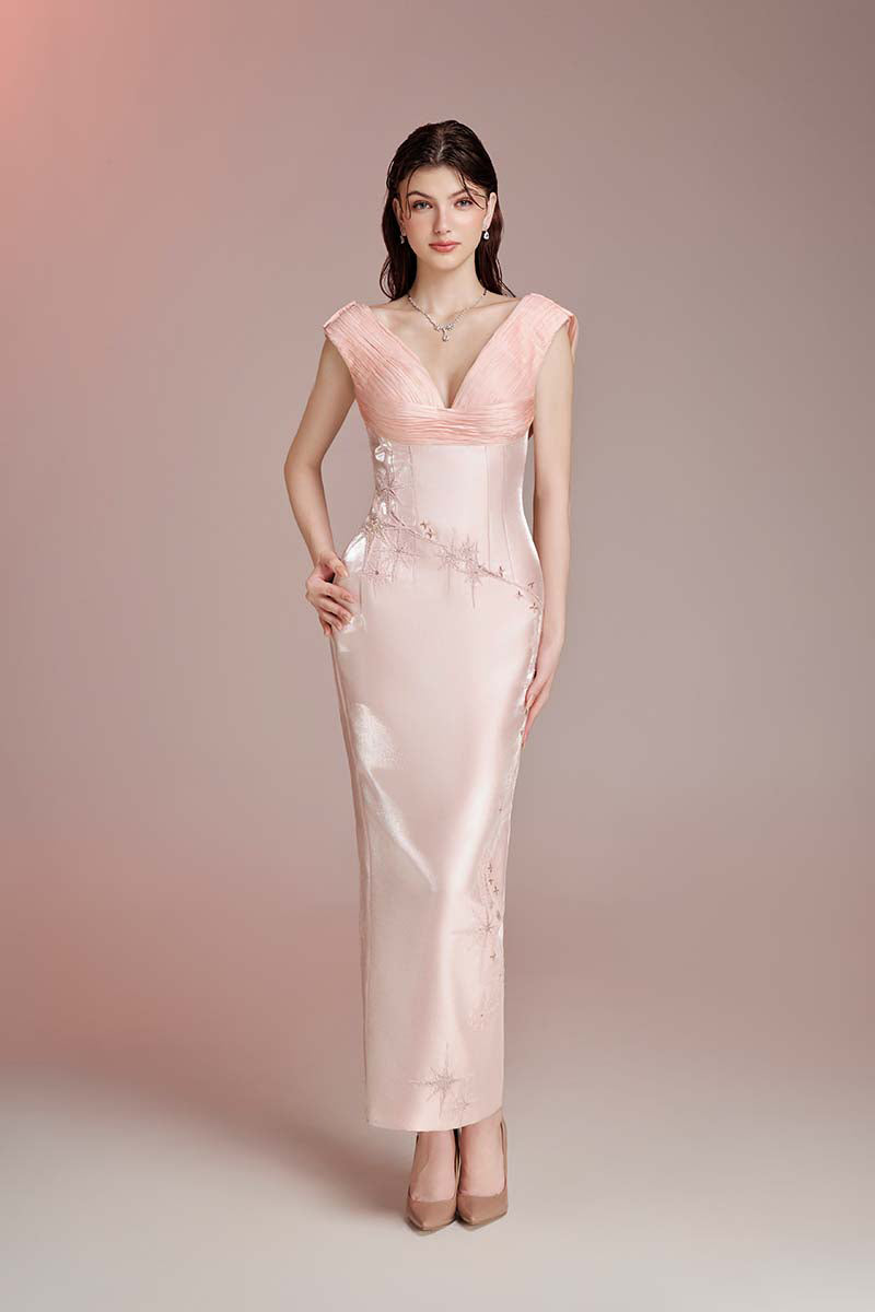 blush pink satin midi dress Blush Pink Silk Satin Slip Midi Dress Open Back Lace-up Bridesmaid dress