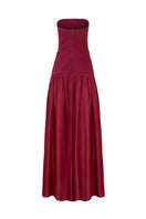 Elegant burgundy Alina gown by LEDIEL, showcasing flowing fabric, fitted waist, and long sleeves perfect for formal occasions.