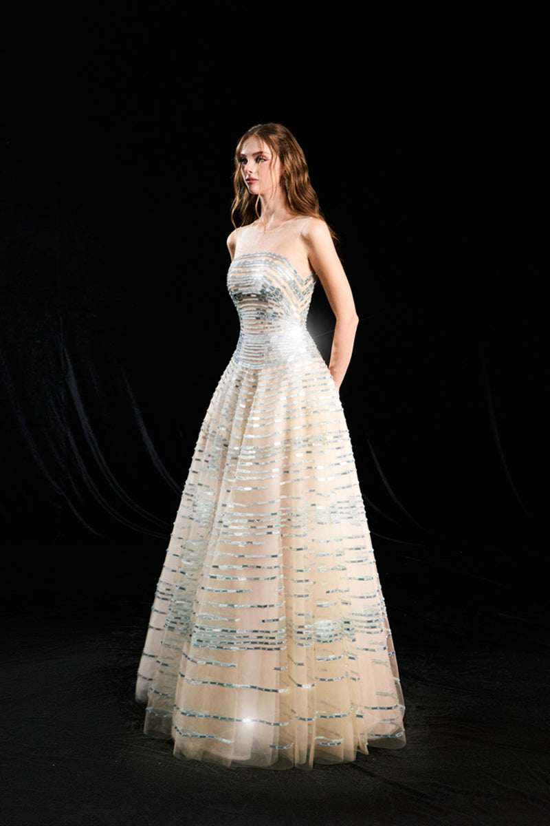 AURELIAN LINEAR SEQUIN TULLE DRESS IN CHAMPAGNE AURELIAN LINEAR SEQUIN TULLE DRESS IN CHAMPAGNE