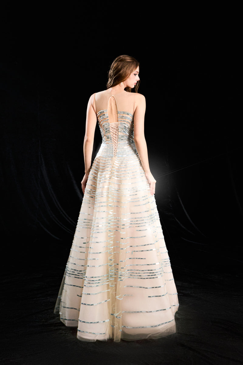 HACCHIC COUTURE Aurelian linear sequin tulle gown in champagne with elegant design and shimmering embellishments.