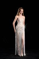 Hacchic Couture white Raphael strapless sequin gown, elegant formal dress with shimmering sequins and a fitted silhouette.