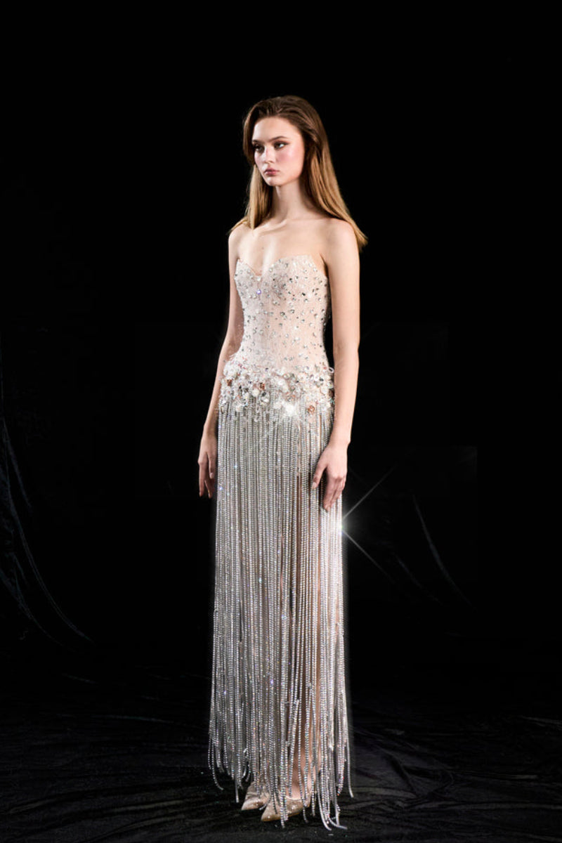 RAPHAEL STRAPLESS SEQUIN DRESS IN WHITE RAPHAEL STRAPLESS SEQUIN DRESS IN WHITE