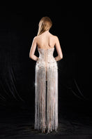 Hacchic Couture white strapless sequin gown with fitted bodice and flowing skirt, elegant evening dress for special occasions.