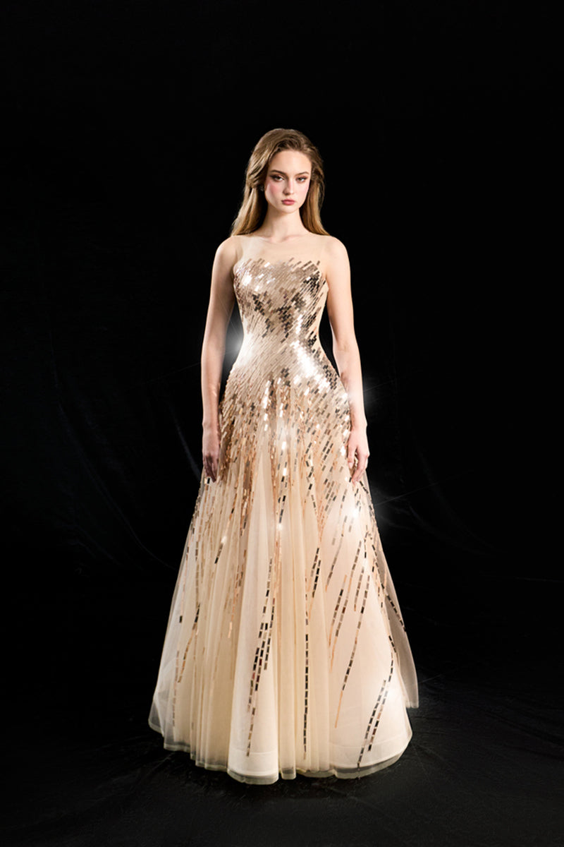 AURELIAN LINEAR SEQUIN TULLE DRESS IN CHAMPAGNE | CULT MIA | HACCHIC COUTURE AURELIAN LINEAR SEQUIN TULLE DRESS IN CHAMPAGNE | CULT MIA | HACCHIC COUTURE