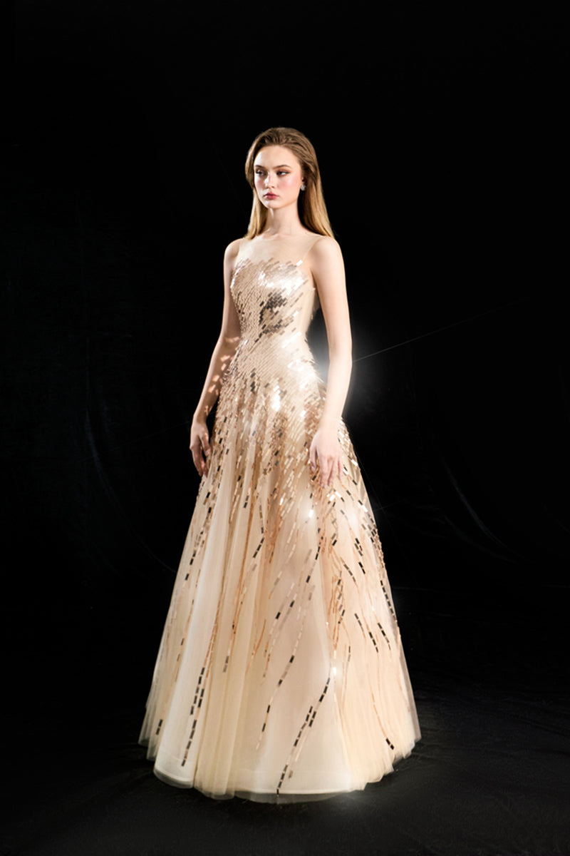 AURELIA RADIANT SEQUIN STRAPLESS DRESS IN CHAMPAGNE GOLD - CULT MIA