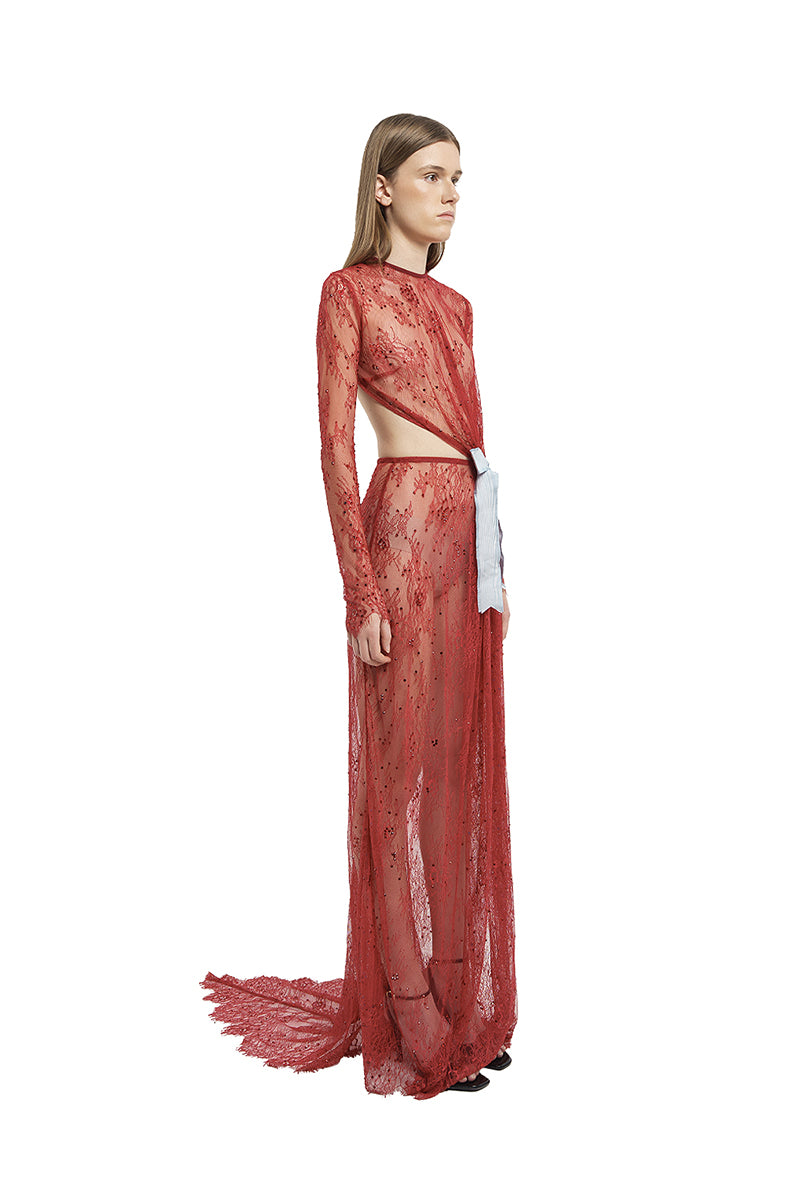 designer red lace dress Farida Red Lace Maxi Dress - US 10