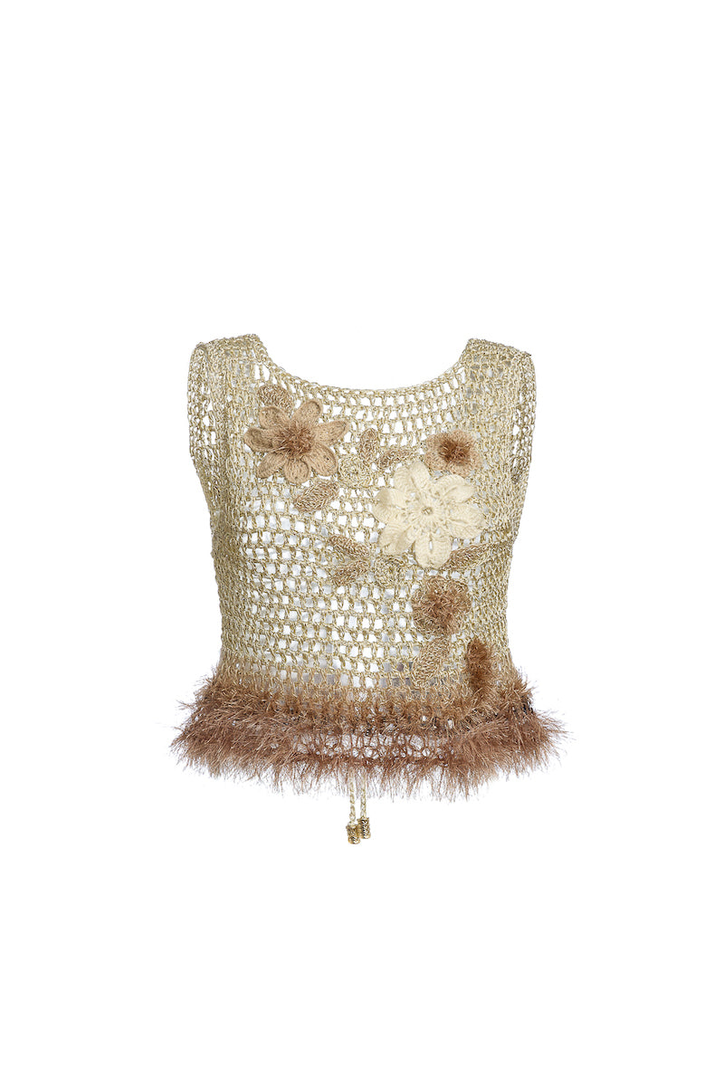 GOLD HANDMADE CROCHET TOP WITH EMBROIDERY - CULT MIA