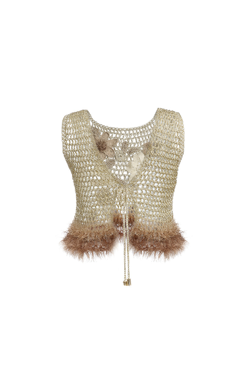 GOLD HANDMADE CROCHET TOP WITH EMBROIDERY - CULT MIA