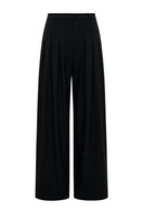 Black wide-leg wool trousers by ELENAREVA, tailored pants with a relaxed fit and smooth fabric, shown on a model.