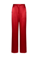 Red wide-leg viscose trousers by ELENAREVA, shown on a model, featuring a relaxed fit and flowing fabric.