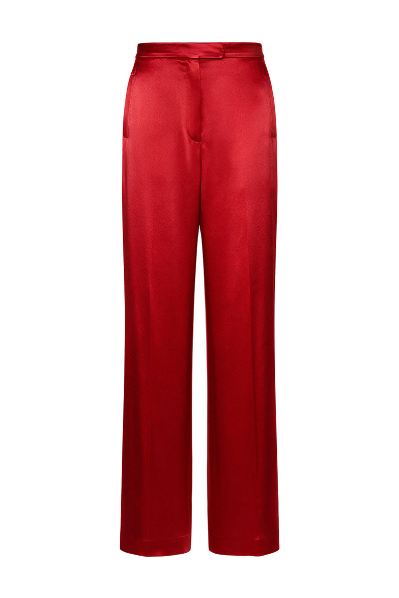 Red wide-leg viscose trousers by ELENAREVA, shown on a model, featuring a relaxed fit and flowing fabric.