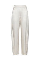 Ivory satin barrel-leg trousers from ELENAREVA, showing smooth fabric and tailored fit on a model.