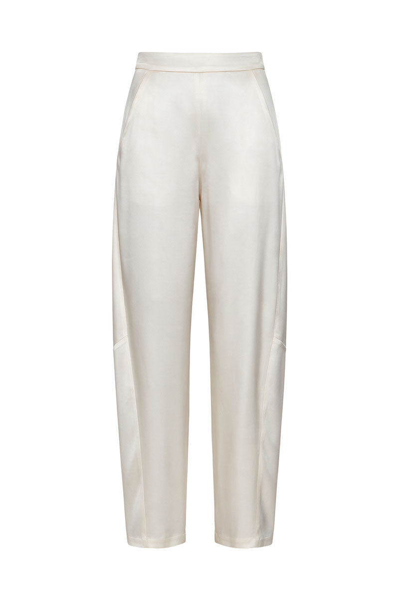 Ivory satin barrel-leg trousers from ELENAREVA, showing smooth fabric and tailored fit on a model.