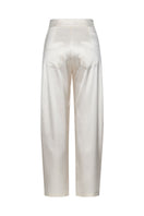 Ivory satin barrel-leg trousers by ELENAREVA, featuring a smooth satin fabric and stylish relaxed fit, shown on a model.