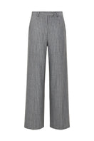 Gray straight-leg wool pinstripe trousers by ELENAREVA, shown hanging with a tailored fit and classic pinstripe pattern.