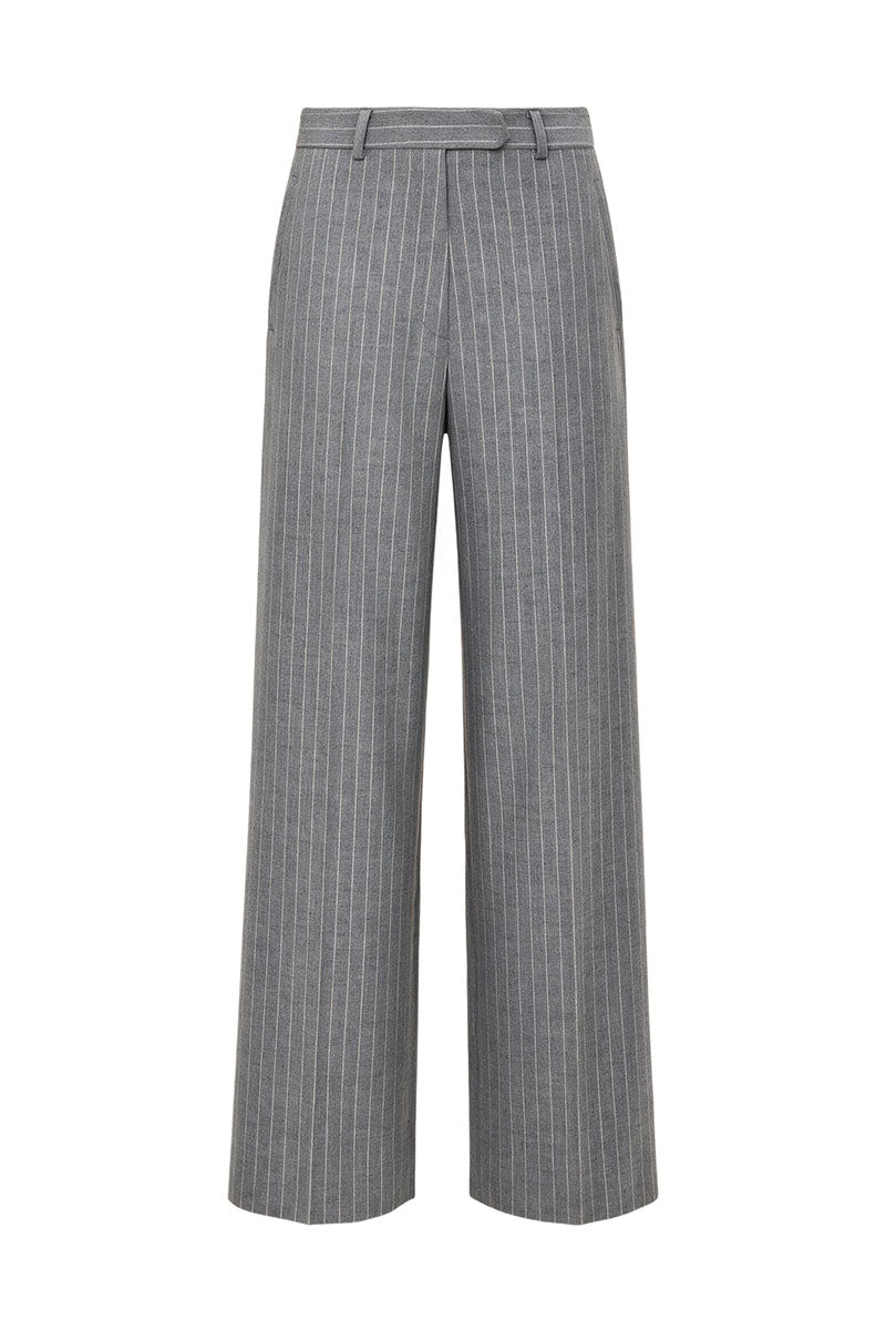 Gray straight-leg wool pinstripe trousers by ELENAREVA, shown hanging with a tailored fit and classic pinstripe pattern.