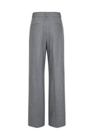 Gray straight-leg wool pants by ElenaReva with pinstripe pattern, shown on a model against a neutral background.