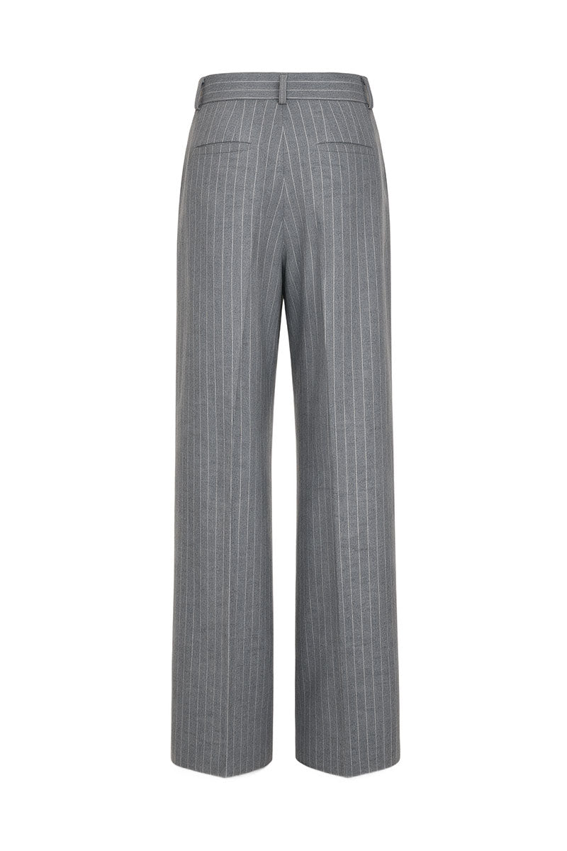 Gray straight-leg wool pants by ElenaReva with pinstripe pattern, shown on a model against a neutral background.