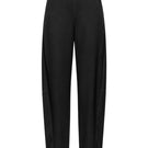 Black satin barrel-leg trousers by ELENAREVA, featuring a sleek fit and smooth fabric with a stylish, modern silhouette.