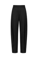 Black satin barrel-leg trousers by ELENAREVA, featuring a sleek fit and smooth fabric with a stylish, modern silhouette.