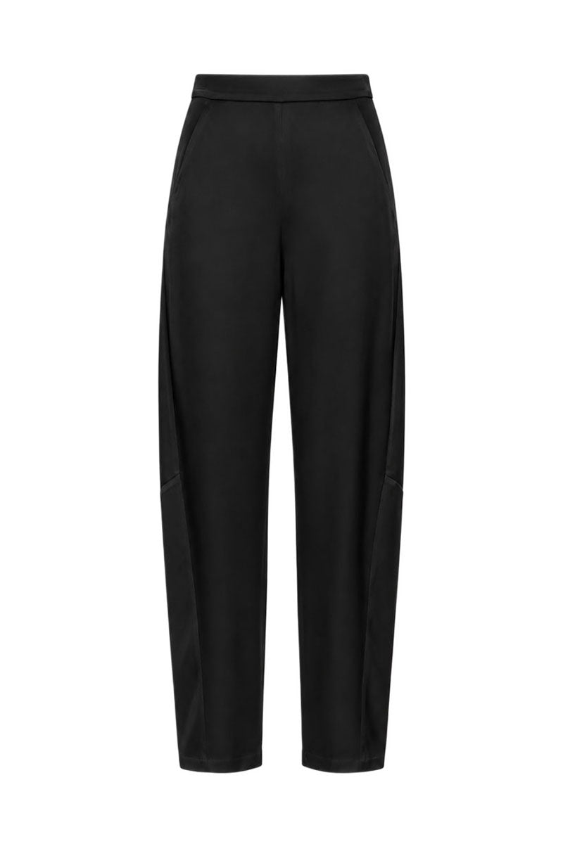 Black satin barrel-leg trousers by ELENAREVA, featuring a sleek fit and smooth fabric with a stylish, modern silhouette.