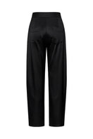 Black satin barrel-leg trousers by ELENAREVA, featuring a sleek fit and stylish design, shown on a clean background.