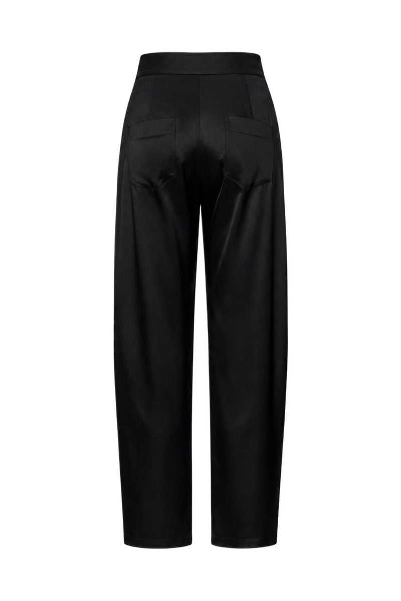 Black satin barrel-leg trousers by ELENAREVA, featuring a sleek fit and stylish design, shown on a clean background.