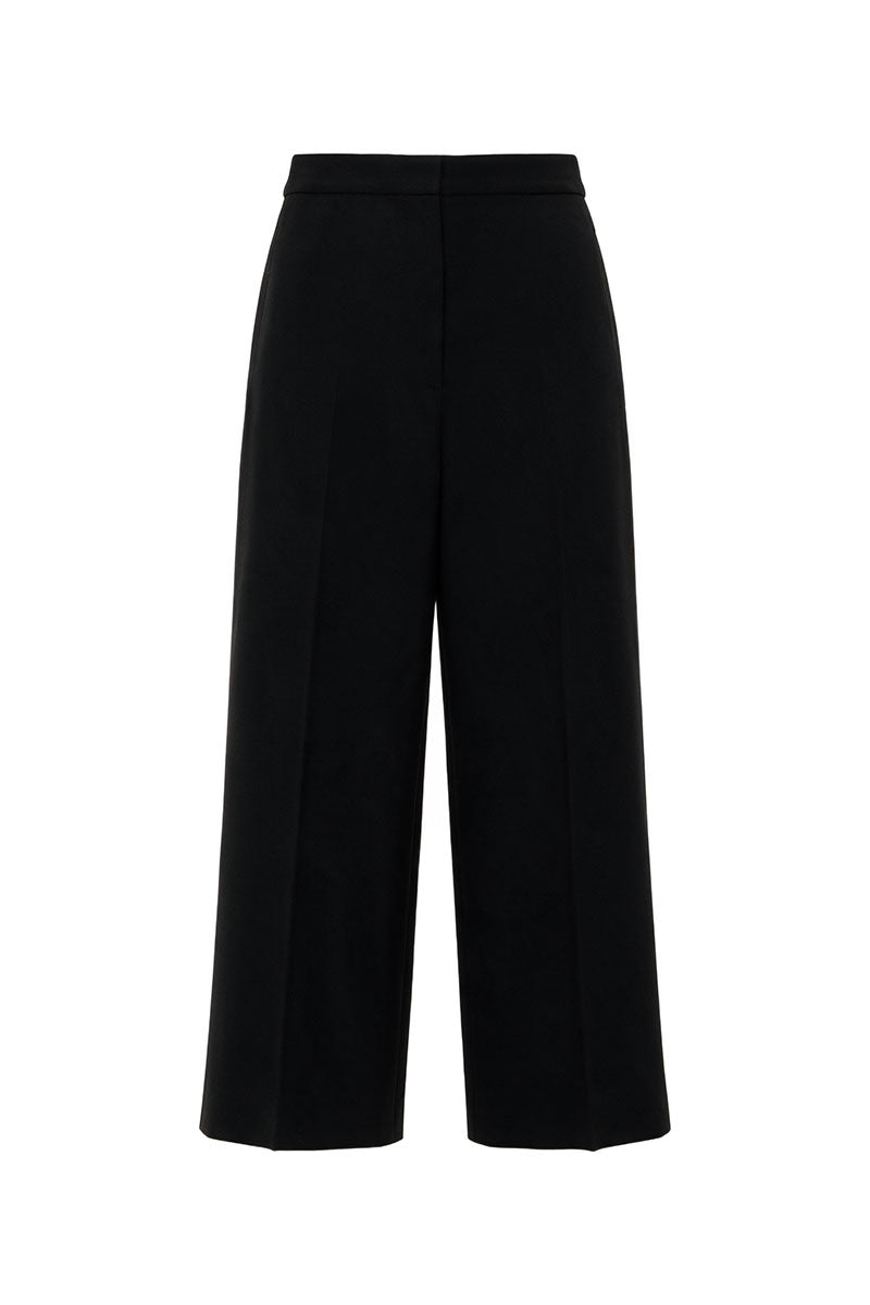 Black wool culottes pants with a silk belt from ELENAREVA, shown on a plain background.