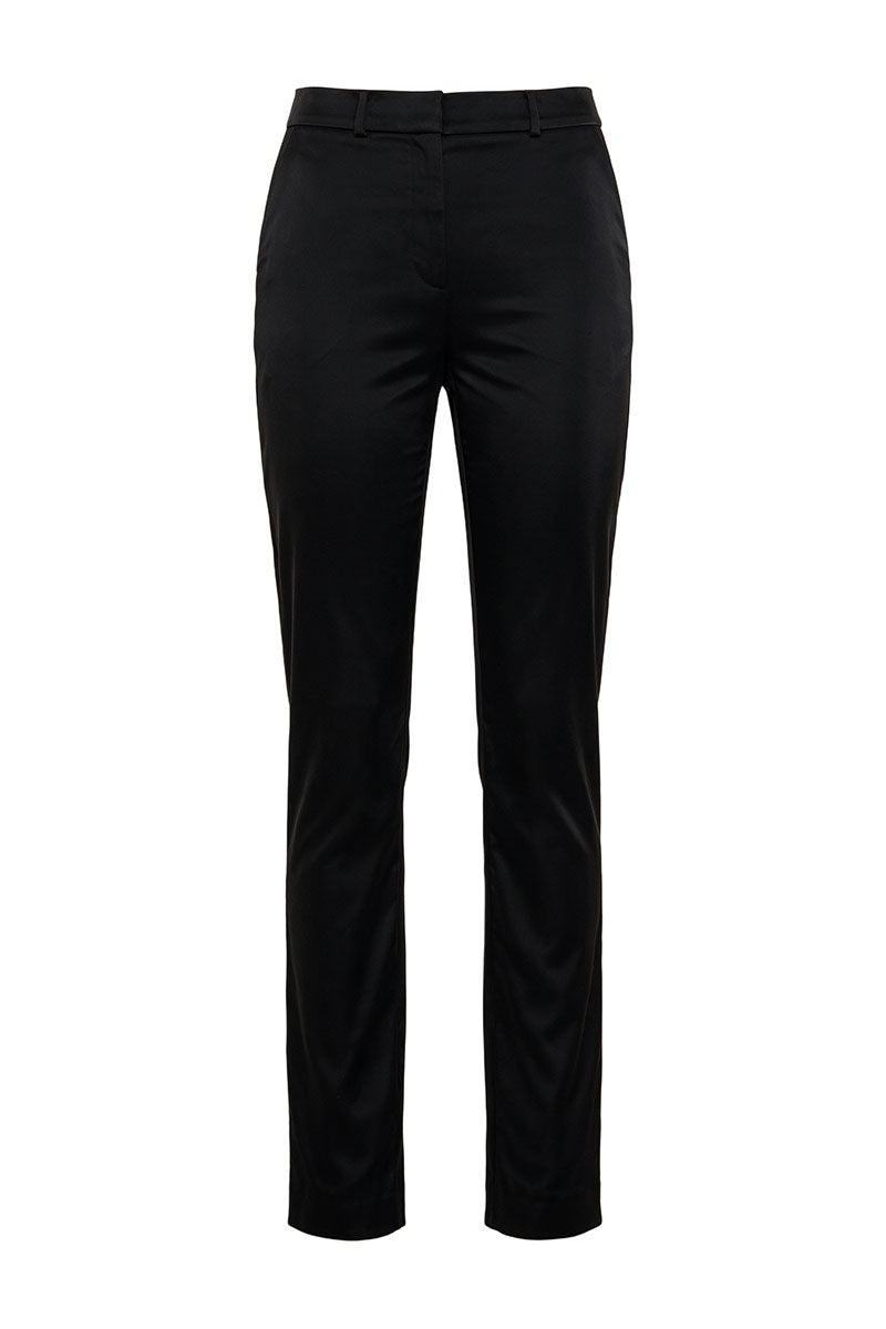 Black slim satin trousers by ELENAREVA, tailored pants with a smooth satin finish, shown on a plain background.