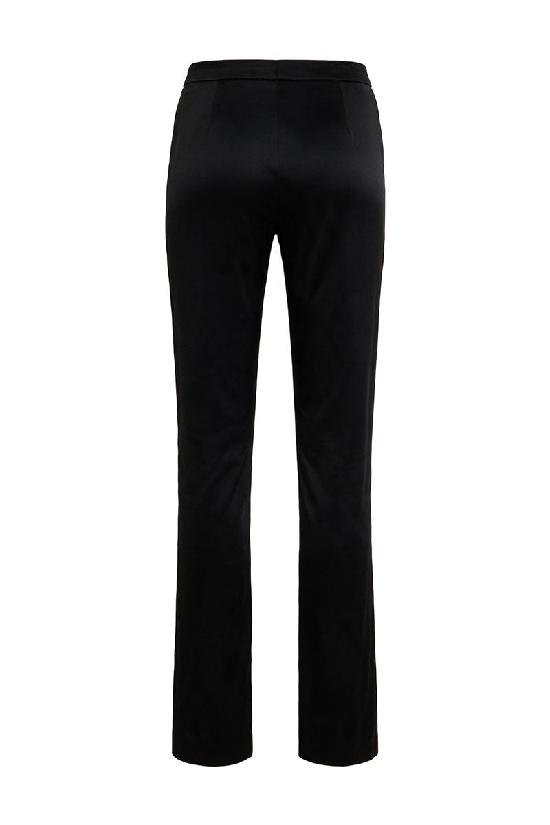 Black slim satin trousers from ELENAREVA, stylish pants with a smooth satin finish and fitted silhouette.