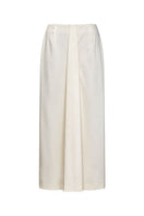 Ivory satin midi skirt by ELENAREVA featuring a smooth, shiny fabric and a sleek, elegant silhouette.