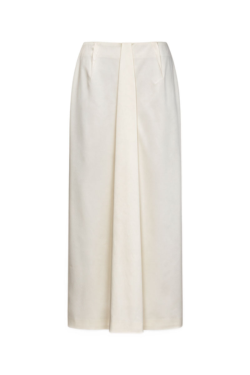 Ivory satin midi skirt by ELENAREVA featuring a smooth, shiny fabric and a sleek, elegant silhouette.