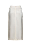 Ivory satin midi skirt by ELENAREVA featuring smooth fabric and a flowing design, styled on a model against a neutral background.