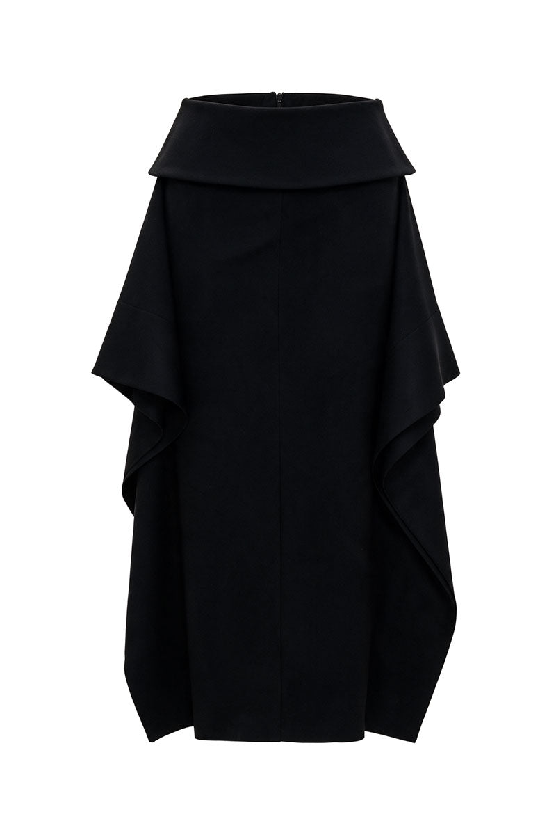 Black wool midi skirt by ELENAREVA with a sleek, fitted design, showcased on a neutral background.