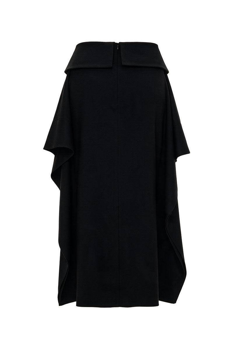 Black wool midi skirt from ELENAREVA, shown with a fitted waist and straight silhouette, styled for a versatile look.