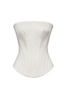 Ivory fitted satin corset top by ELENAREVA with structured design and smooth fabric, shown on a plain background.
