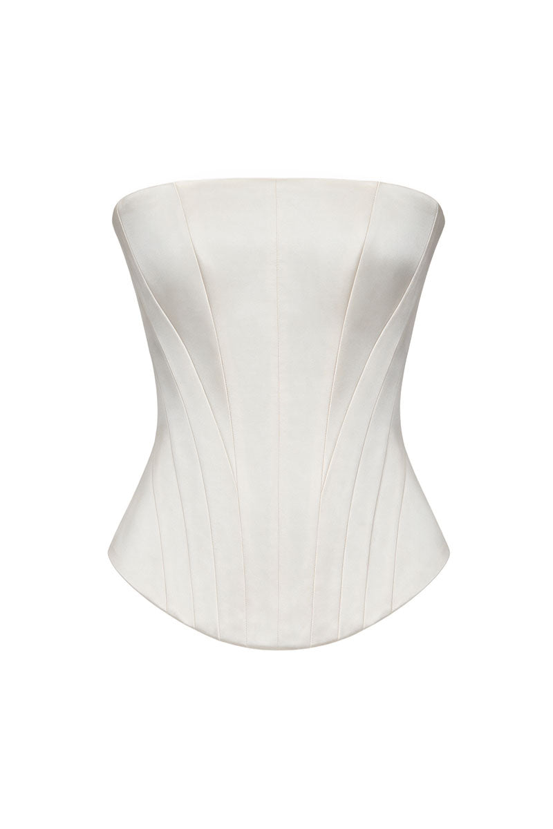 Ivory fitted satin corset top by ELENAREVA with structured design and smooth fabric, shown on a plain background.