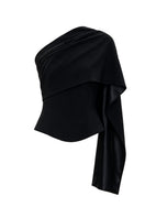 Black fitted wool corset top by ELENAREVA with a silk scarf, showing a close-up of the stylish and fitted garment.