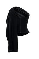 Black fitted wool corset top with silk scarf detail by ELENAREVA, featuring a tailored silhouette and elegant fabric combination.