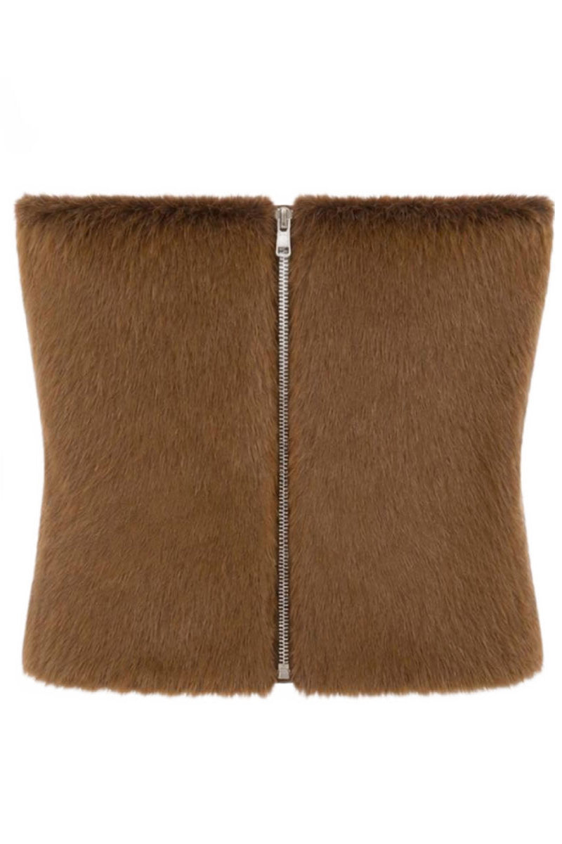 ELENAREVA faux fur corset top with soft, plush texture, designed to enhance the waist and add a stylish touch to any outfit.