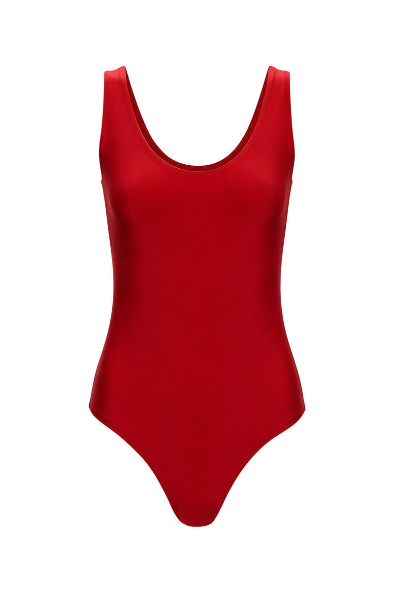 ELENAREVA red jersey bodysuit, close-up of fitted tops with long sleeves and crew neckline, on a plain background.
