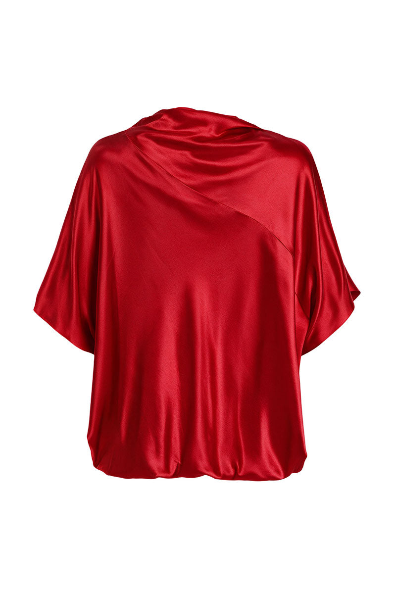 Red loose-fit viscose blouse by ELENAREVA, shown with flowing fabric and relaxed fit, suitable for casual or office wear.