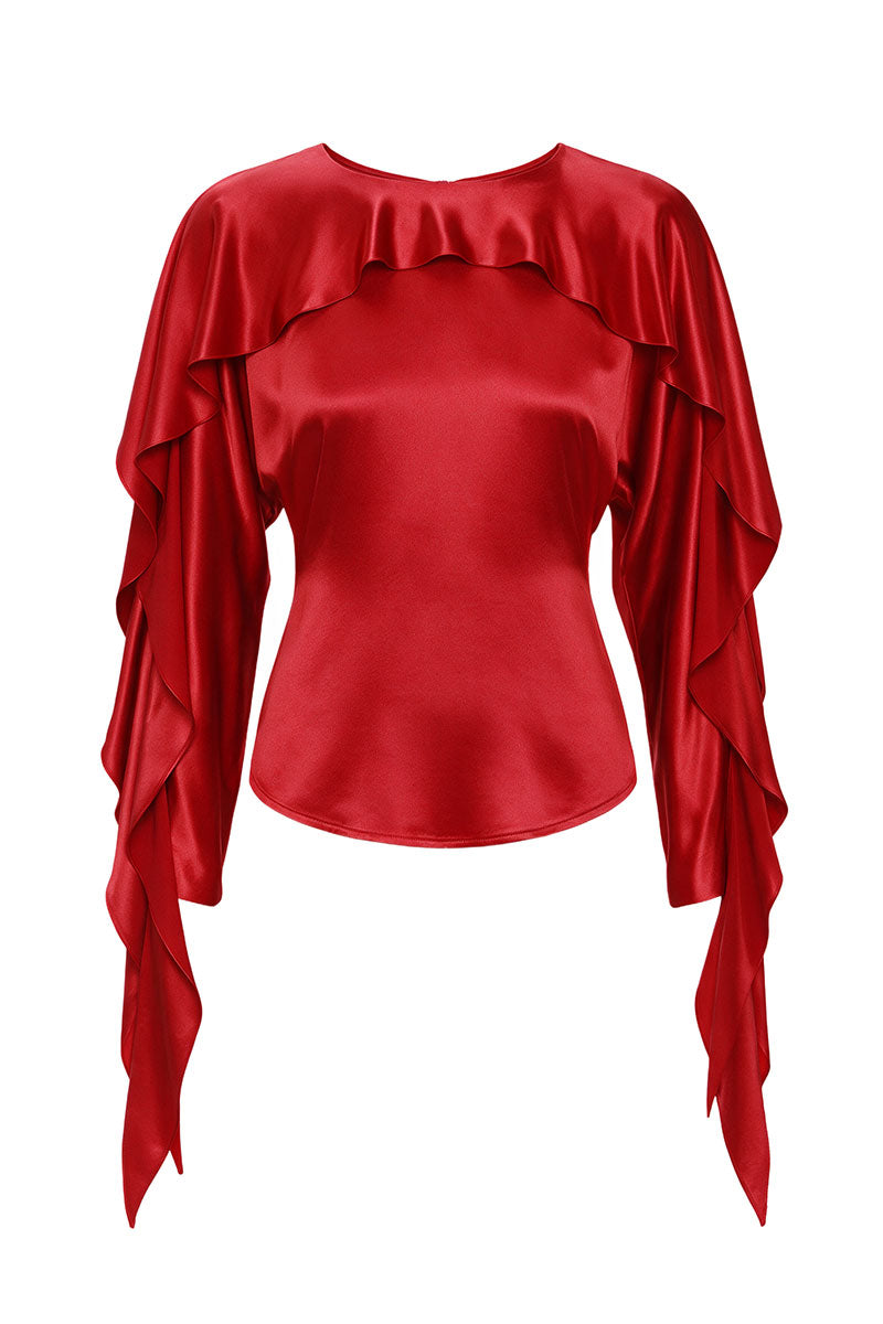 Red viscose blouse with ruffles from ELENAREVA, featuring a stylish design and feminine details, perfect for casual or dressy occasions.