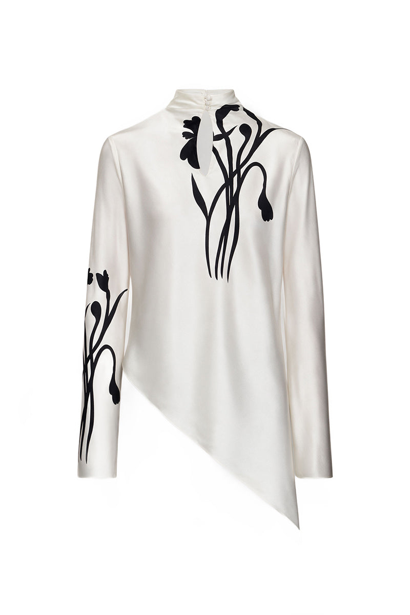 Ivory silk blouse with floral print, elegant top from ELENAREVA, featuring long sleeves and a relaxed fit.
