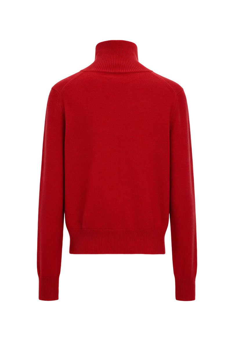 Elenareva red cashmere knit cardigan with button closure, soft and cozy, displayed on a neutral background.