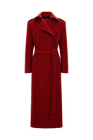 Red wool midi coat by Elenareva, showing a stylish, knee-length coat with a tailored fit and classic collar detail.