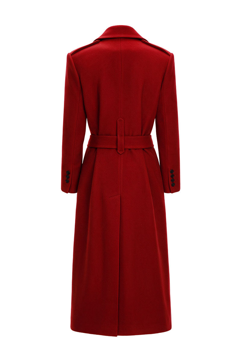 Red wool midi coat by ELENAREVA, shown on a hanger with front view, showcasing the classic design and cozy fabric.