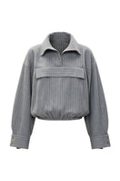 Gray wool pinstripe anorak coat by ELENAREVA featuring a tailored fit and classic pinstripe pattern, displayed on a hanger.