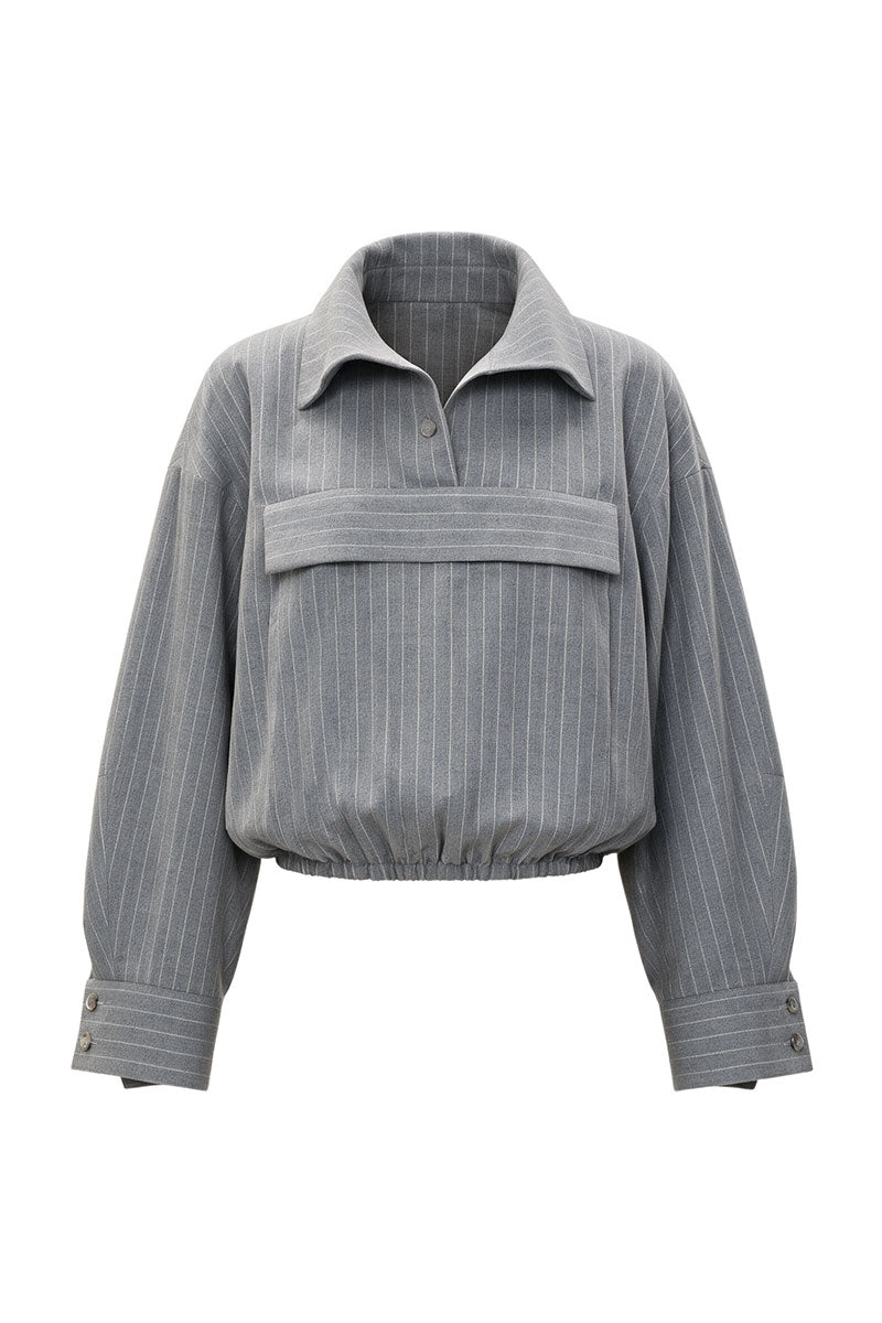 Gray wool pinstripe anorak coat by ELENAREVA featuring a tailored fit and classic pinstripe pattern, displayed on a hanger.